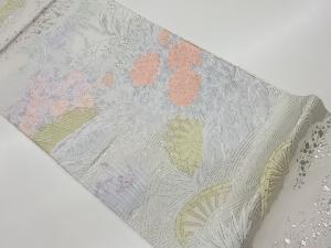 リサイクル　プラチナ箔波に秋草・色紙散らし模様織出し袋帯